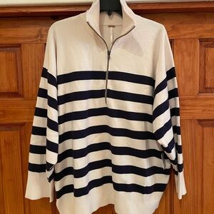 Free People Oversized Coastal Stripe Pullover in Champagne Navy | size small
